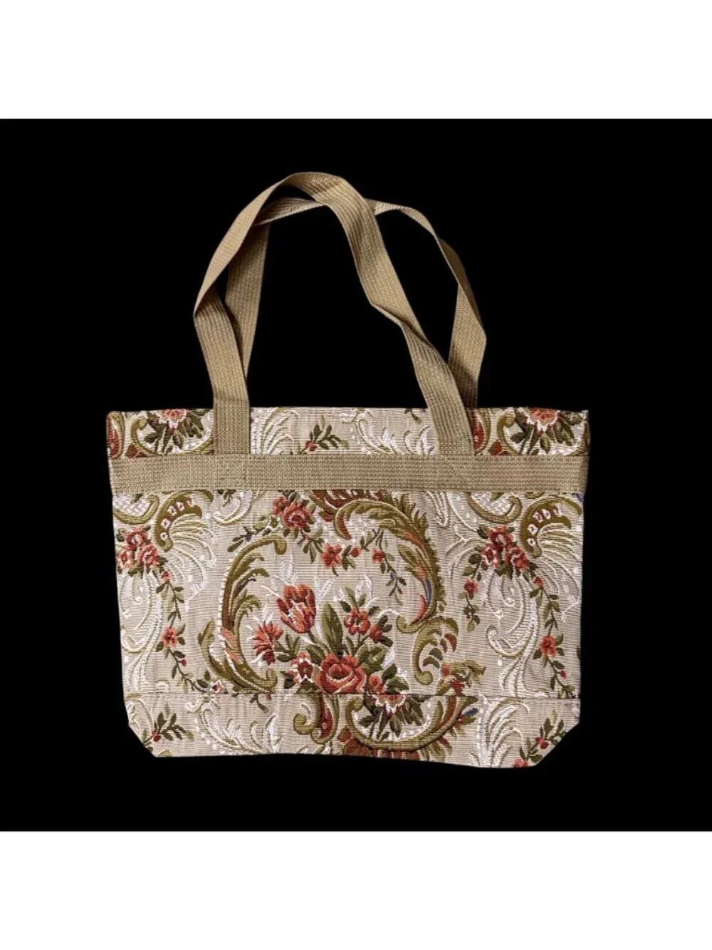 Vintage Floral Tapestry Tote Bag Orange Beige Rose Flowers Travel Bovano USA